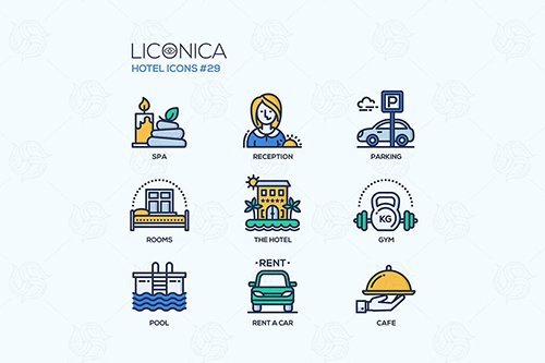 Hotel - modern vector flat line design icons set