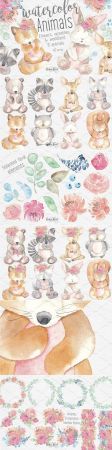 Watercolor Animals Flowers Clipart - 2540165