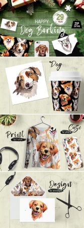 Dogs barking new year PNG watercolor set - 1993868
