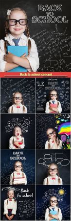 Back to school concept, little girl on chalk board background
