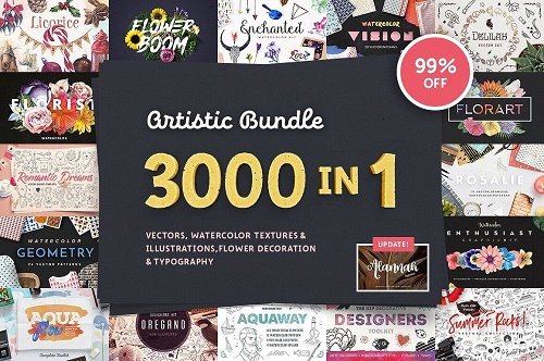 3,000 Artistic Vectors, Watercolors, Flower Decorations &amp; More
