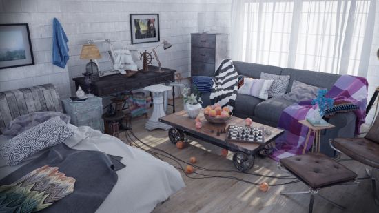 Realistic interior visualization in VrayForC4d , Industrial style room
