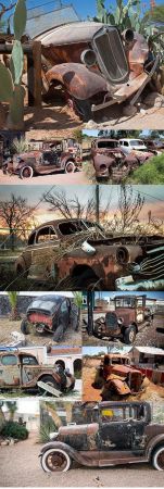 Old Rusty cars and trucks left on a dump
