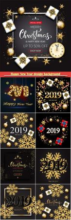 Happy new year design background with (2019) vector shining gold snowflakes 