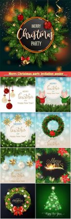 Merry Christmas party invitation poster with fir tree and decorative elements (2019)
