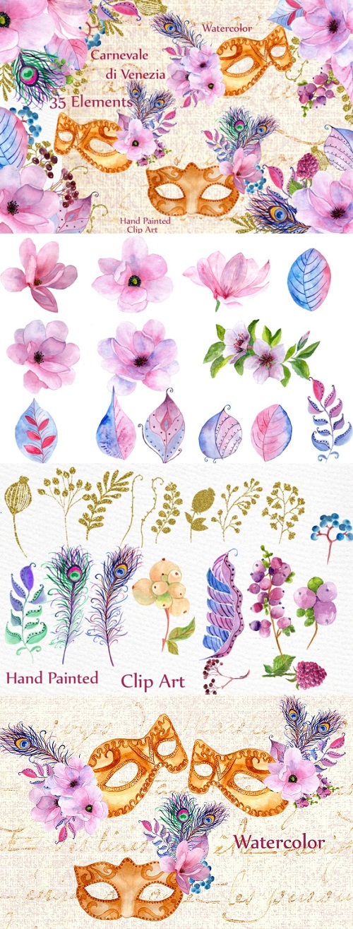 Download Watercolor masks and flowers clipart 636911 - SoftArchive