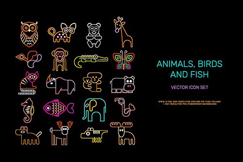 Animal vector icon set (neon colors)