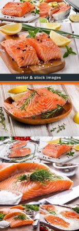 Salmon stake and fresh pieces with lemon and pepper