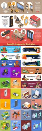 Isometric icons vector illustration, banner design template # 11