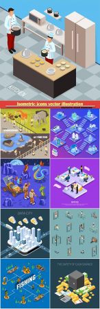 Isometric icons vector illustration, banner design template # 2