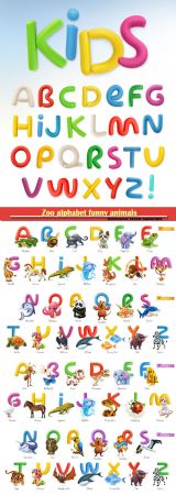 Zoo alphabet funny animals, 3d vector icons set