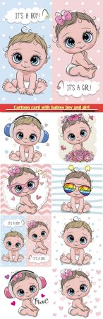 Cartoon card with babies boy and girl