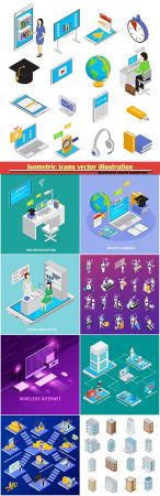Isometric icons vector illustration, banner design template