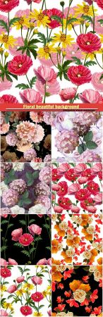 Floral beautiful background with rose, hydrangea, poppy and lilly vector illustration