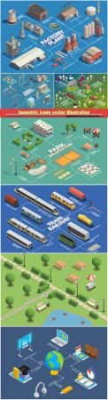 Isometric icons vector illustration, banner design template # 8