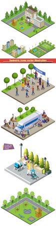 Isometric icons vector illustration, banner design template # 9