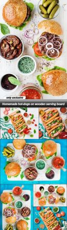 Homemade hot dogs on wooden serving board   7 UHQ JPEG