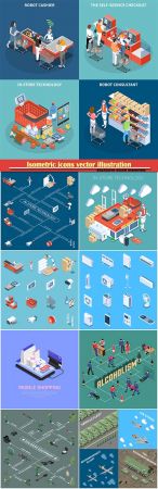 Isometric icons vector illustration, banner design template # 4