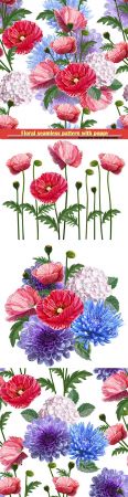 Floral seamless pattern with poppy and chrysant 