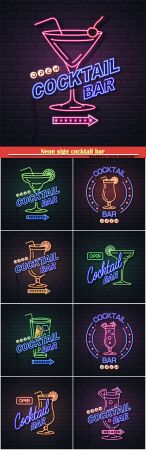 Neon sign cocktail bar on brick wall background