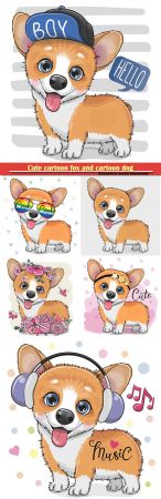 Cute cartoon fox and cartoon dog in vector illustration