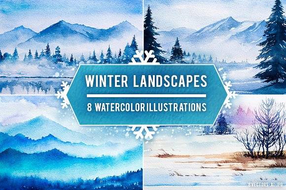 CreativeMarket - Winter Landscapes set#2. Watercolor.