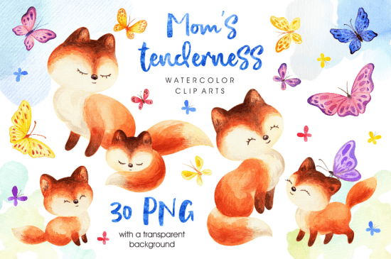 Mom's tenderness Watercolor foxes and butterflies   1153021