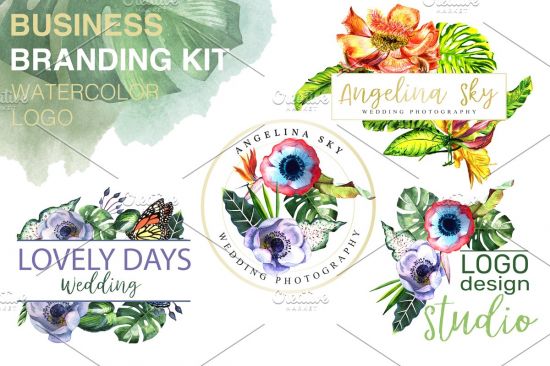 LOGO with tropical flowers Watercolor   3727221