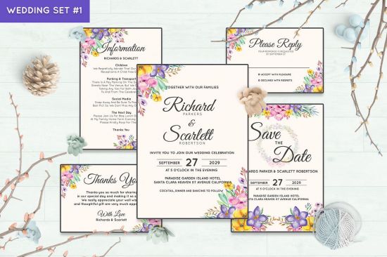 Wedding Invitation: Watercolor Floral Flower Style Set 1   238459