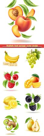 Realistic food package vector design, fruits and berries