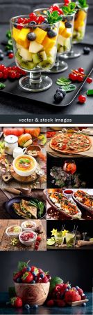 Breakfast pizza fruit and drinks photo collection