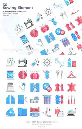 30 Sewing Element Vector Icons - Flat