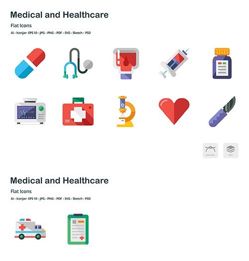 Medical and Healthcare Flat Colored Vector Icons