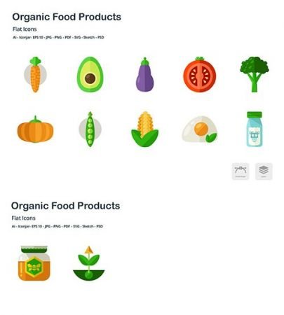 Organic Food Products Flat Colored Vector Icons