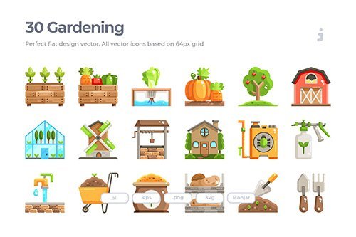 30 Farming and Gardening Vector Icons - Flat