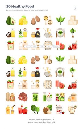 30 Healthy food and Vegan Vector Icons - Flat
