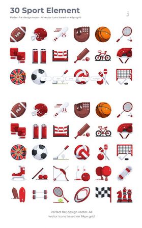 30 Sport Element Vector Icons - Flat