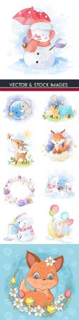 DesignOptimal Funny animals flowers and snow watercolor illustrations