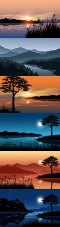 DesignOptimal Night landscape at river and sunset illustration