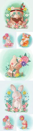 Cute little animals with flowers drawn illustrations