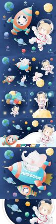 Cute bear and bunny in galaxy with planets
