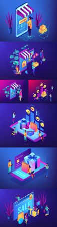 Online gift and shopping isometric 3d concept illustrations