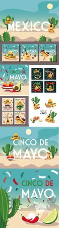 Vector Set of Card Cinco De Mayo with Symbol Mexican