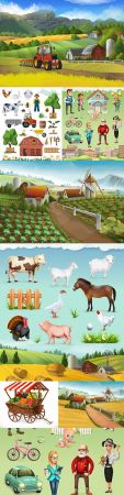 DesignOptimal Farm and animal rural landscape vector illustrations