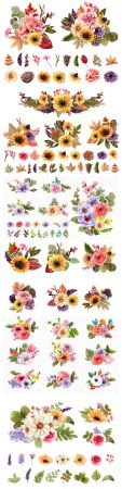 Watercolor set of bouquet and flower elements