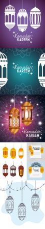 Ramadan Kareem Background with Hanging Lanterns Set