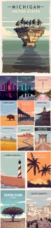 Retro Travel Illustration with Landscape on United States America Set