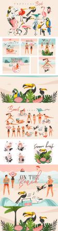 Summer beach, people on holiday and exotic birds
