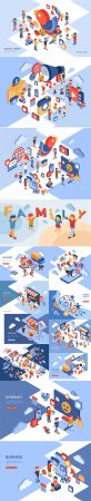 Online Store Isometric Landing Page with Happy People Set