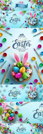 Easter banner template with Easter eggs in nestEaster banner template with Easter eggs in nest